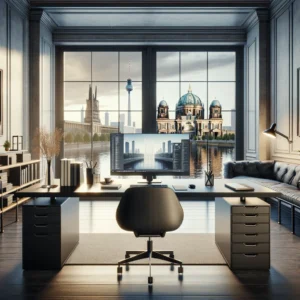 Berlin KI Stadtblick aus einem virtuellen Büro