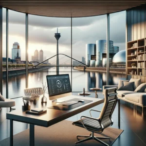 Düsseldorf KI Stadtblick aus einem virtuellen Büro