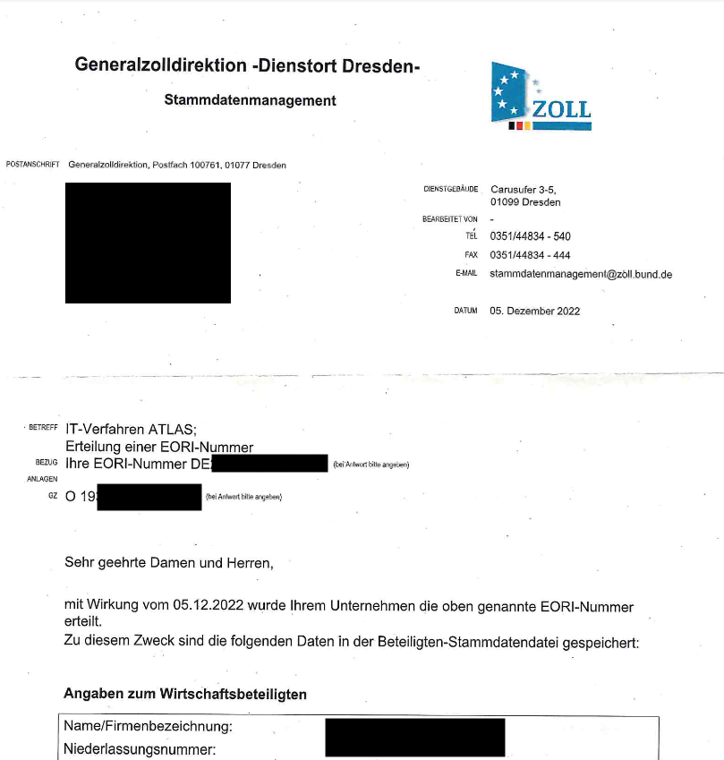 EORI number document in Germany