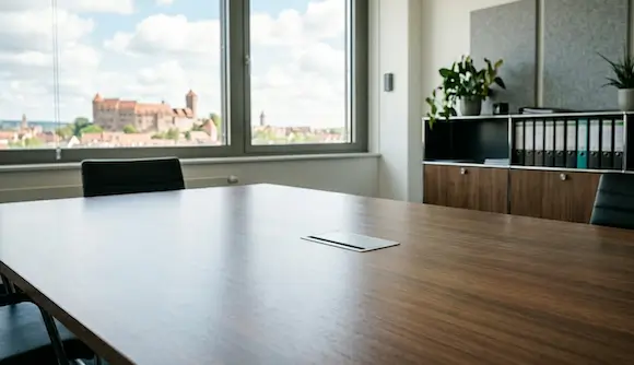 Moderner Konferenzraum mit Blick auf deutsche Altstadt – Umwandlung Einzelunternehmen zur GmbH.