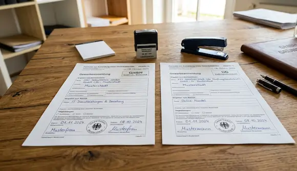 Zwei ausgefüllte Gewerbeanmeldungs-Formulare auf einem Holzschreibtisch – links für eine GmbH, rechts für eine UG – mit Stempel, Tacker und Stiften im Hintergrund.