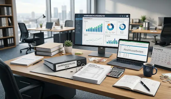 Schreibtisch mit Jahresabschluss-Unterlagen und Finanzdiagrammen.