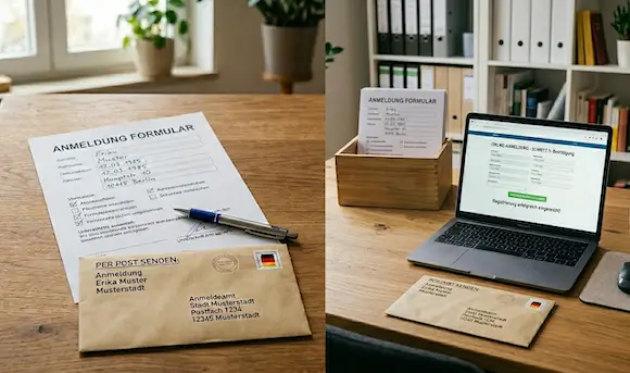 Anmeldeformular und adressierter Briefumschlag auf einem Schreibtisch, daneben ein Laptop – symbolisch für die drei Wege der Gewerbeanmeldung: persönlich, postalisch oder online.
