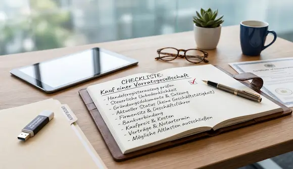 Notizbuch mit handgeschriebener Checkliste zum Kauf einer Vorratsgesellschaft auf einem Schreibtisch.