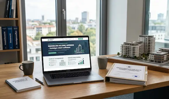 Laptop mit Immobilien-Holding-Website, Stadtblick und Architekturmodell auf dem Schreibtisch.