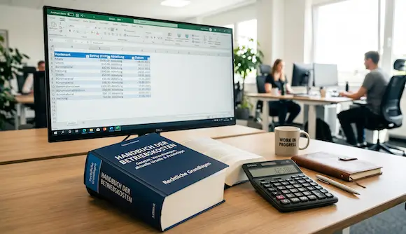 Schreibtisch mit Taschenrechner und Excel-Tabelle im Büro.