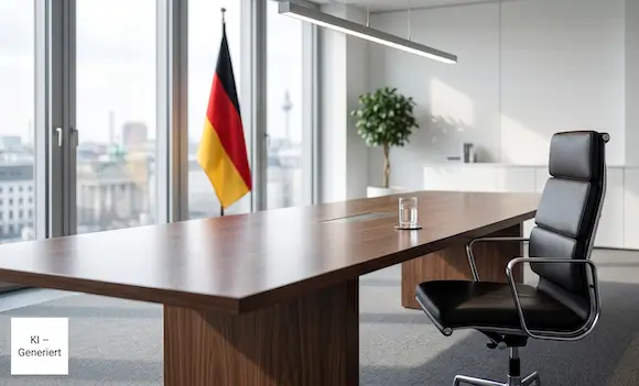 Modern German office with executive desk, leather chair and German flag with city view.