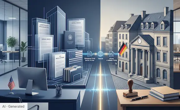 Split illustration showing a US office with legal documents and American flag connected via data flow to a German courthouse with German stamp and flag.